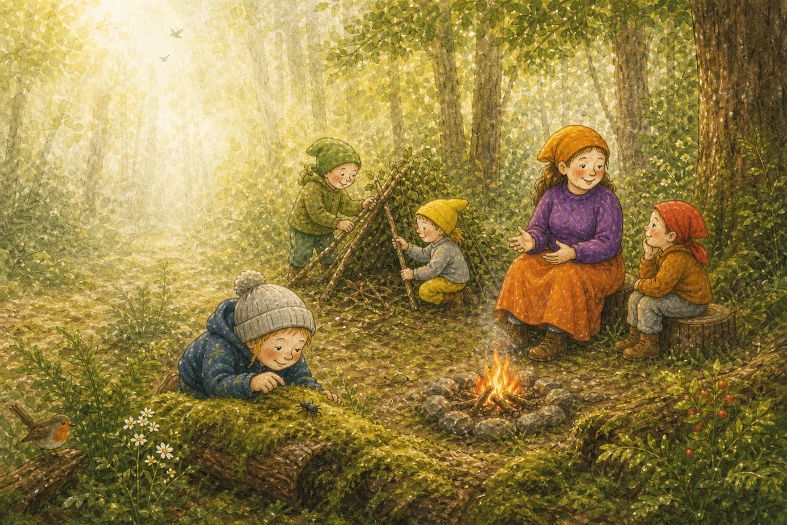 Kinder beobachten einen Käfer, bauen eine Hütte und erleben eine Geschichte am Feuer